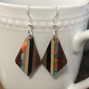 Wood and resin diamond shape earrings